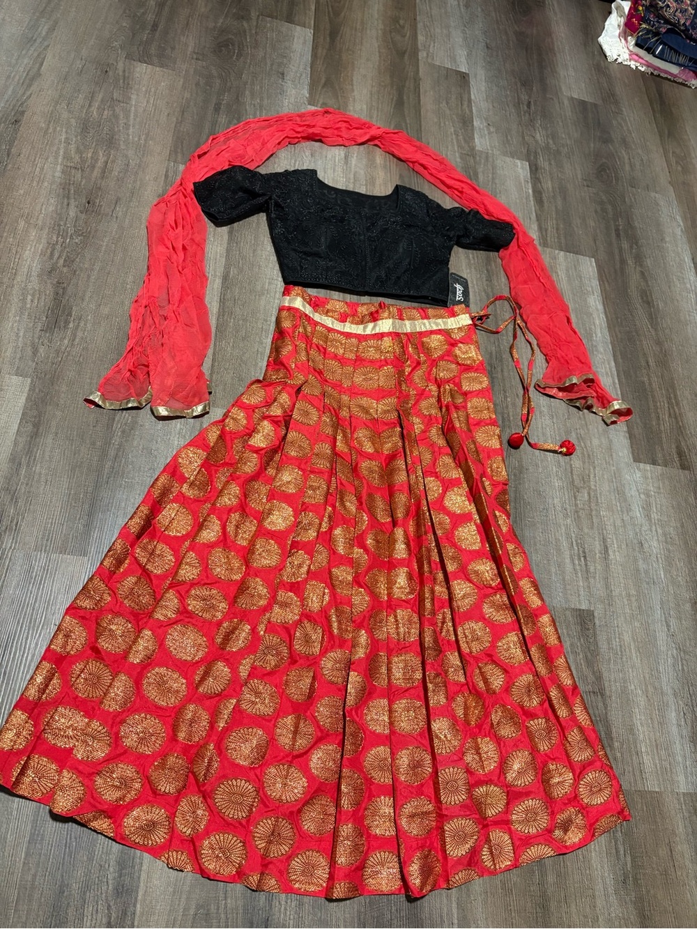 Salwar Kameez Red and Gold A-Line Lehenga Skirt with Black Blouse